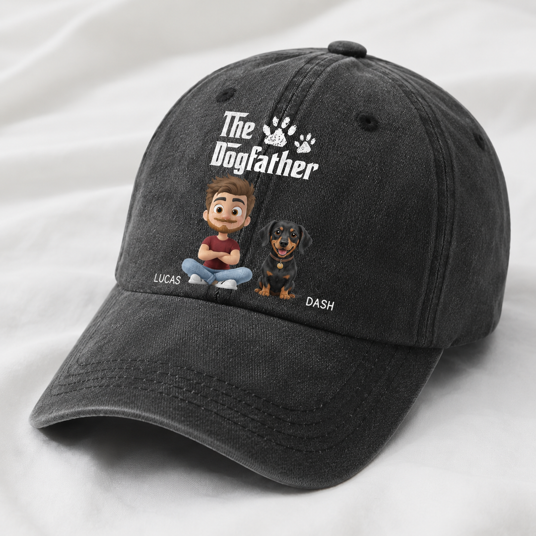 The Dogfather Vintage Washed Cap – Personalized Pet Dad Custom Denim Hat
