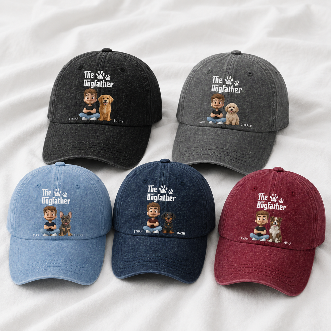 The Dogfather Vintage Washed Cap – Personalized Pet Dad Custom Denim Hat