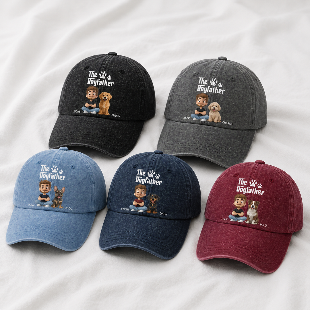 The Dogfather Vintage Washed Cap – Personalized Pet Dad Custom Denim Hat