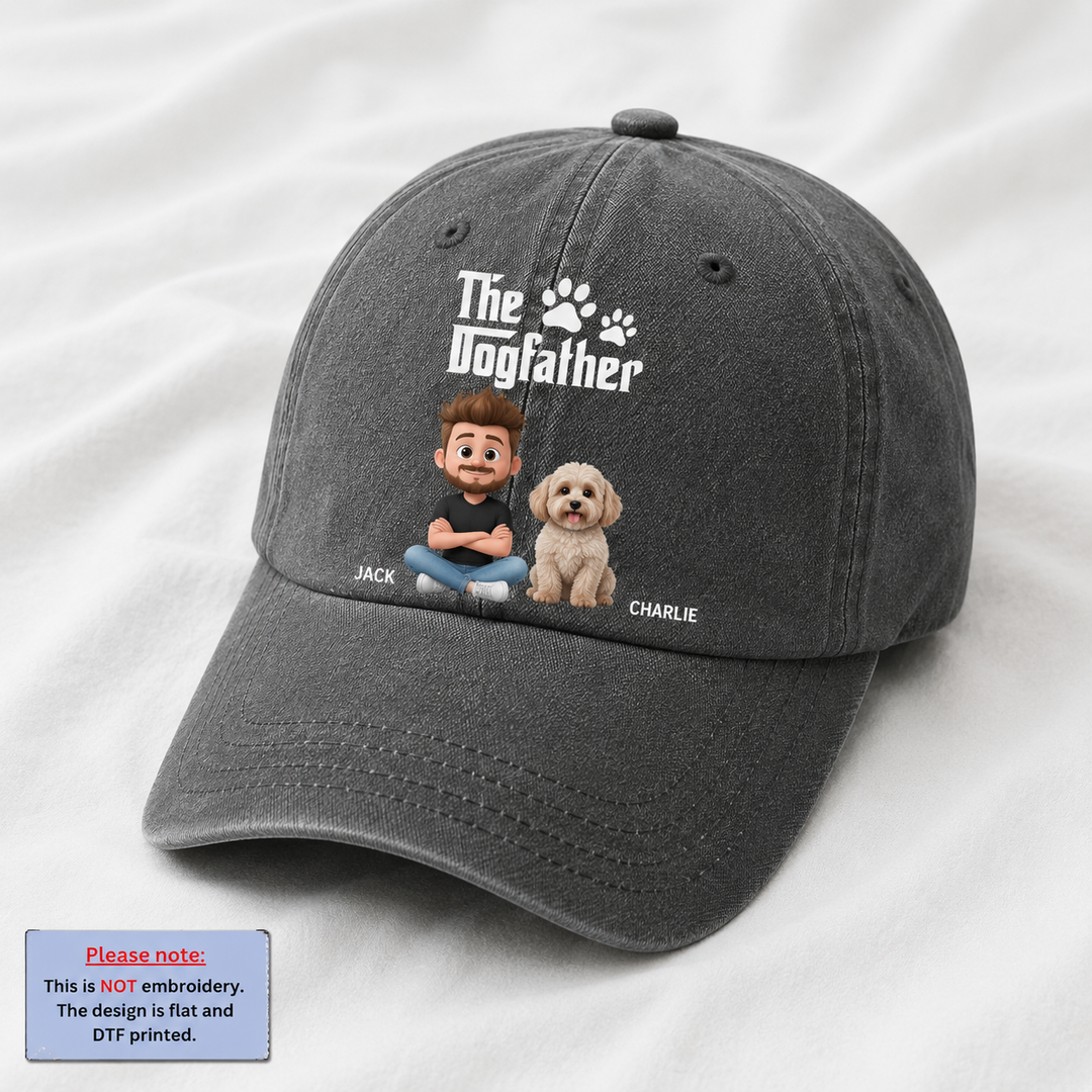 The Dogfather Vintage Washed Cap – Personalized Pet Dad Custom Denim Hat