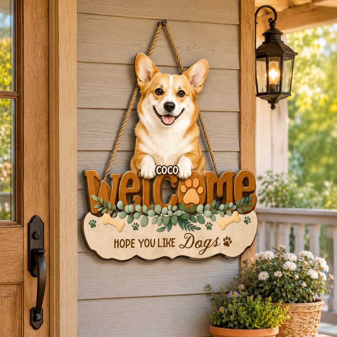 Personalized Dog Welcome Sign – Custom 3D Effect Wood Door Hanger for Pet Lovers