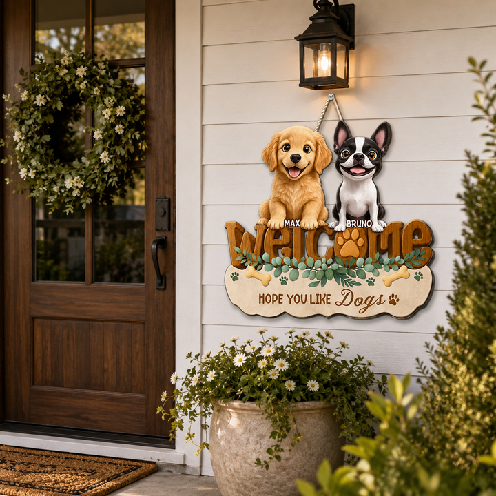 Personalized Dog Welcome Sign – Custom 3D Effect Wood Door Hanger for Pet Lovers