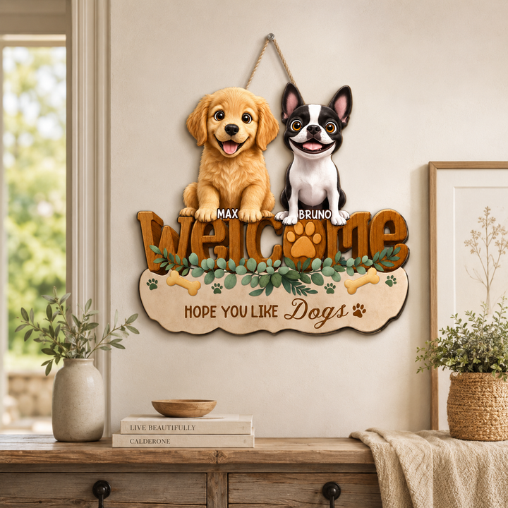 Personalized Dog Welcome Sign – Custom 3D Effect Wood Door Hanger for Pet Lovers