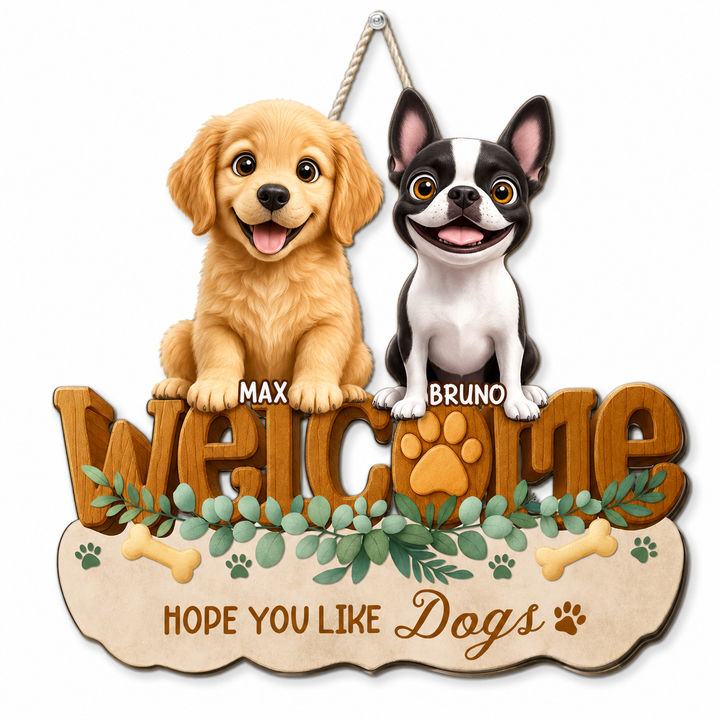 Personalized Dog Welcome Sign – Custom 3D Effect Wood Door Hanger for Pet Lovers
