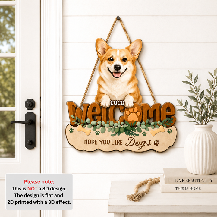 Personalized Dog Welcome Sign – Custom 3D Effect Wood Door Hanger for Pet Lovers